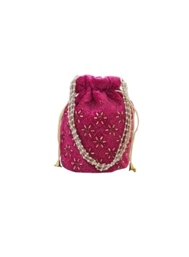 SuneshCreation Ethnic Potli Handbag with Beaded Handle, Pink Floral Embroidery, Traditional Drawstring Purse, Velvet Wristlet (dark pink) - Image 1